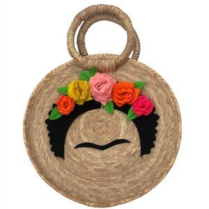New Artisan Handmade Round Woven Straw Handbag Frida Kahlo 3D Felt Flowers